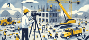 Illustration of a construction site being filmed. Website speed and experience support SEO tips for construction companies.