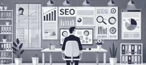 Illustration of an analyst reviewing SEO dashboards at a desk. It supports SEO tips for construction companies.