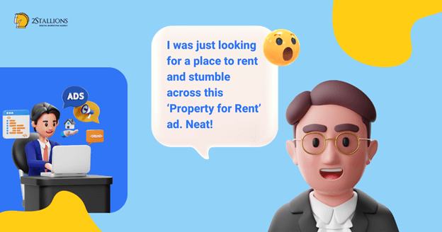 Cartoon of a customer finding a property for rent through an ad. It shows how customer personas help craft the right messaging.