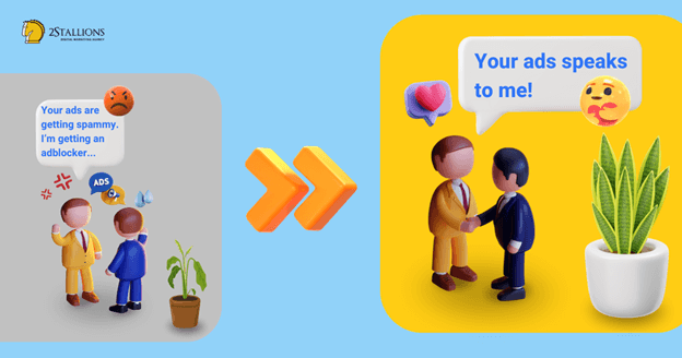 Cartoon contrasting spammy ads with ads that speak to the customer. It shows how customer personas humanise marketing.