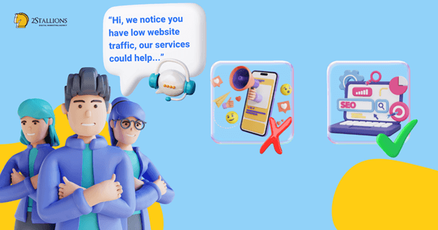 Cartoon sales team pitching to a customer with low website traffic. It shows strategic sales positioning with customer personas.