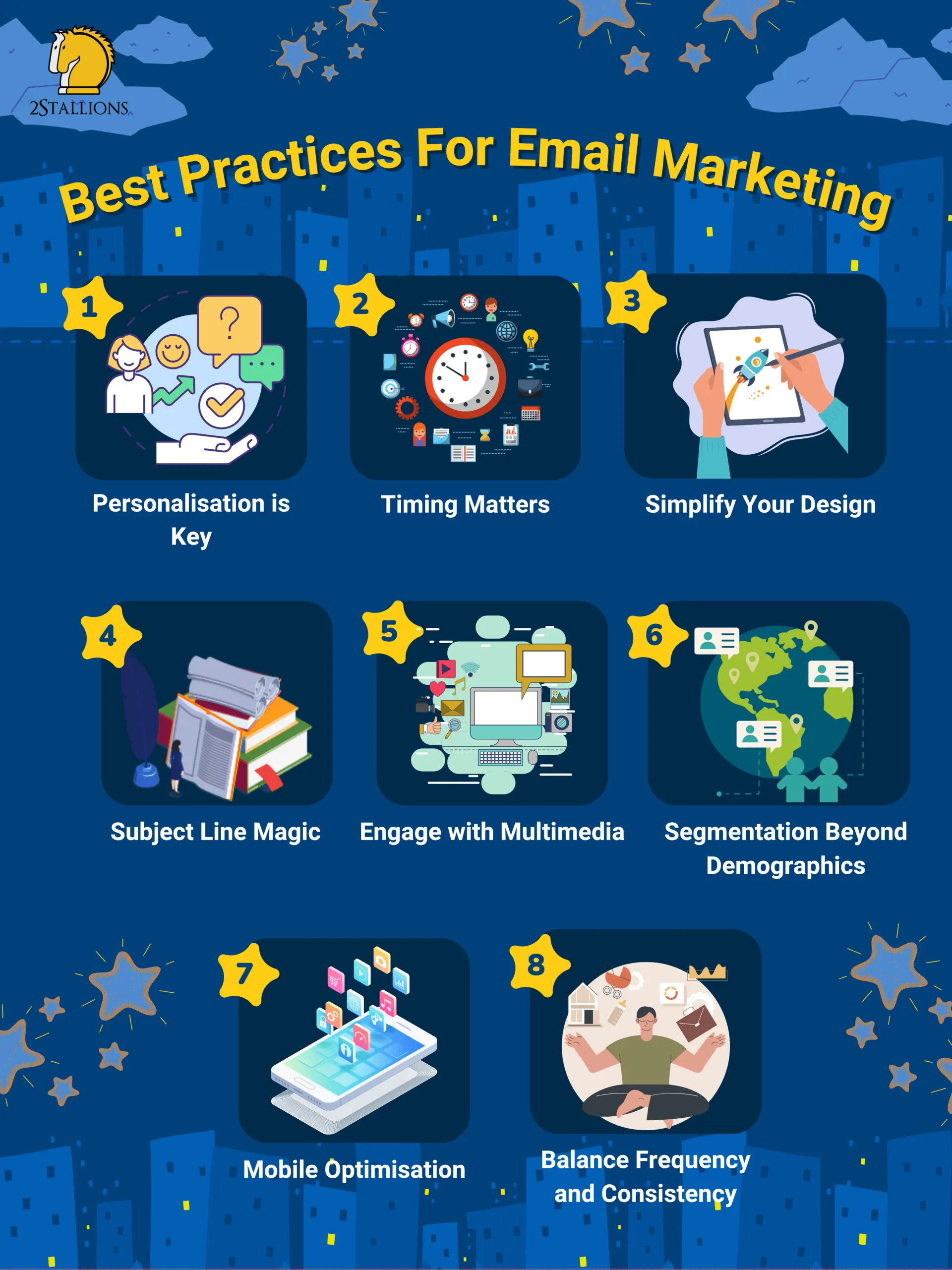 Graphic of best practices for email marketing, from personalisation to mobile optimisation. It supports the ultimate guide to email marketing.