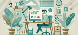 Illustration of a customer service worker at a desk. It shows monitoring feedback trends to improve your brand.