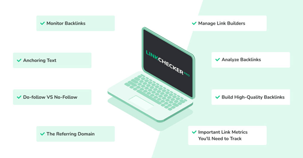 Laptop with a link checker beside backlink tasks such as monitoring and analysing links. It shows SEO tools for building good backlinks.