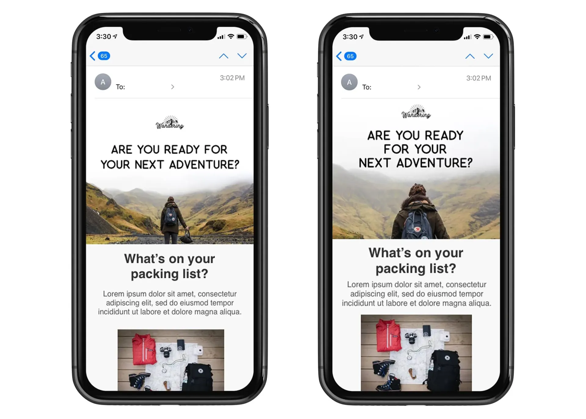Two phone screens showing an email with a travel packing list. It shows how to create email marketing designs that convert.