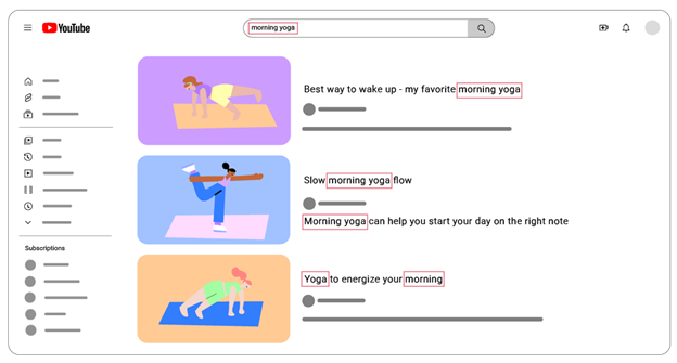 YouTube search results for morning yoga with keywords highlighted. It shows keywords in videos when you optimise YouTube videos for SEO.