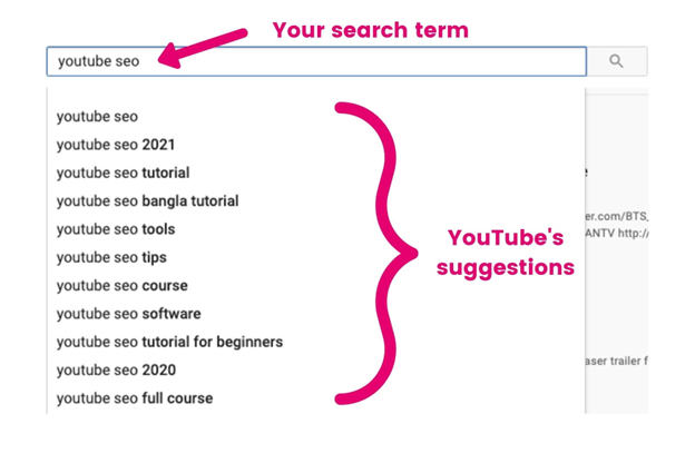 YouTube search bar showing search suggestions for youtube seo. It shows how to optimise your YouTube videos for SEO.