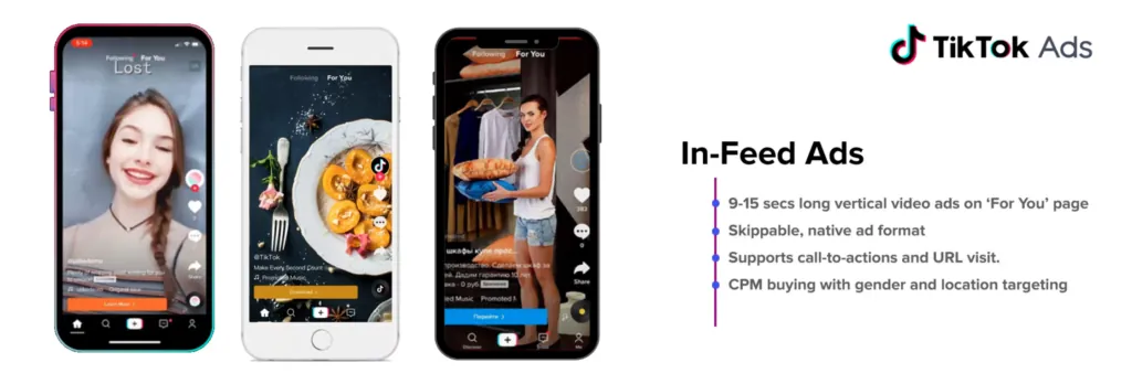 TikTok In-Feed Ads examples on three phone screens. They support how to use TikTok marketing to generate leads and sales.