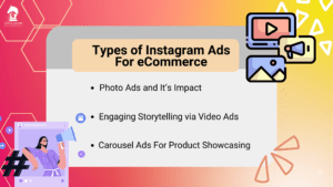Slide listing Instagram ad types for eCommerce: photo ads, video ads and carousel ads. It supports Instagram advertising best practices.