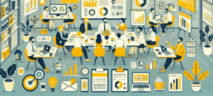 Illustration of a team meeting around a table with charts and mail icons. It represents lead generation tactics for construction companies.