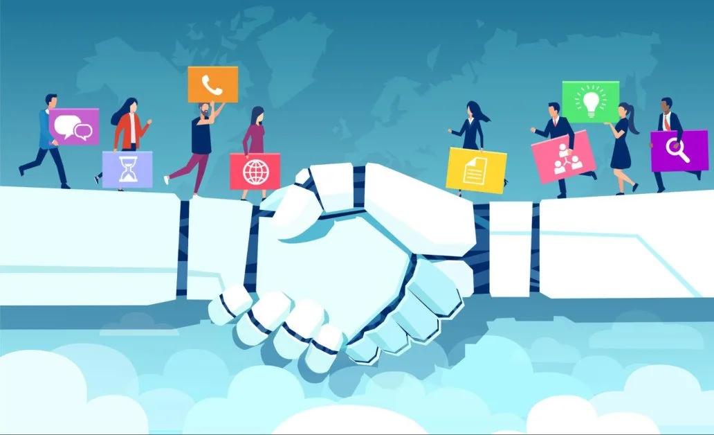Illustration of people carrying marketing icons across a giant handshake bridge. It represents AI and ethics in digital marketing.