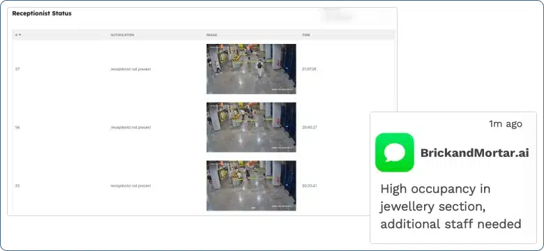 Offline analytics screen with camera feeds and an alert about high occupancy.