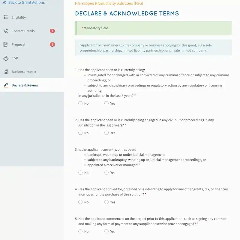 Declaration questions in the psg application