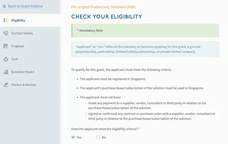 Eligibility criteria section in the psg grant application