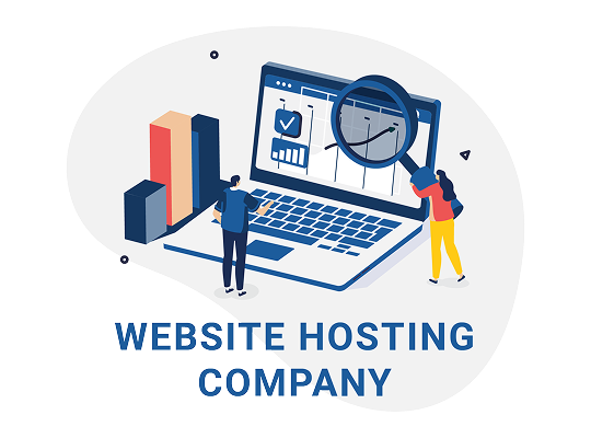 Website hosting company FAQ graphic with a laptop and charts.