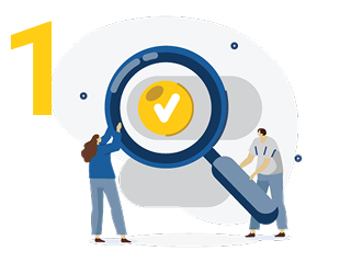 Step 1 of the hosting process, shown as a magnifying glass over a checkmark. It supports Website Hosting Services In Singapore.