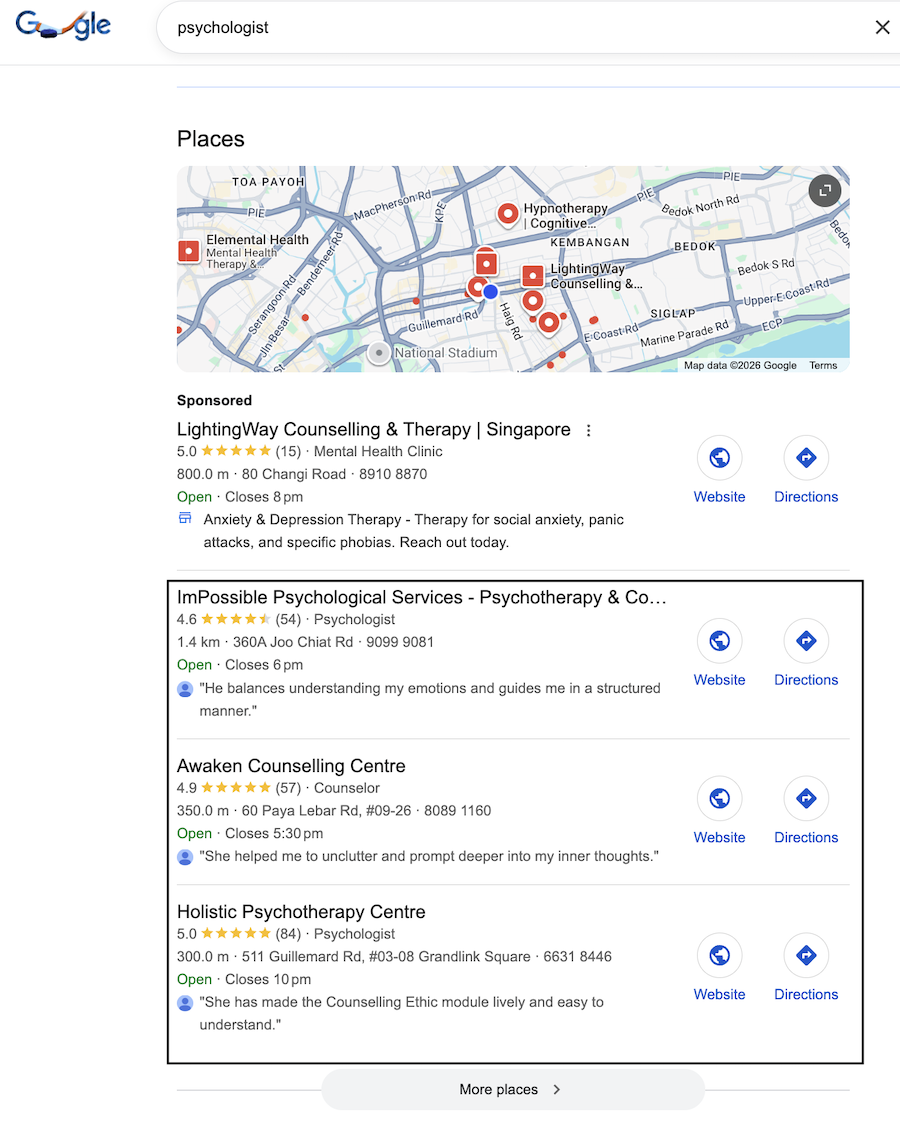 Example of a local seo 3 pack search result for a psychologist in singapore