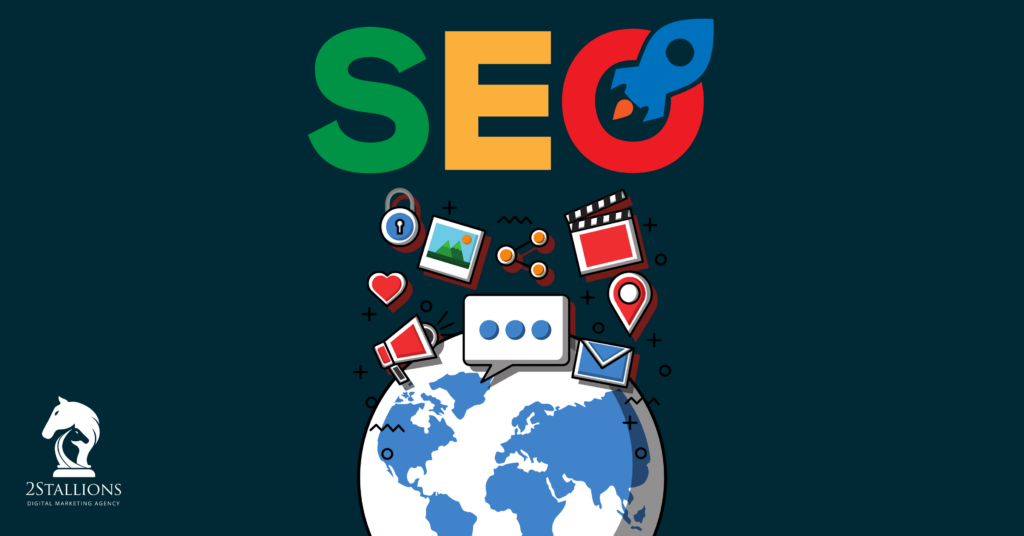 A globe surrounded by various icons representing SEO concepts, including a rocket, a lock, a camera, a film strip, a heart, a chat bubble, an envelope, and a location pin. The letters "SEO" are displayed in large, colourful letters above the globe. The company logo "2STALLIONS" is in the bottom left corner.