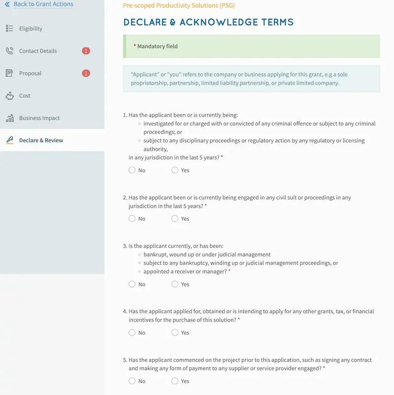 Declaration questions in the psg application