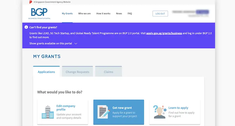 Screenshot of the step to selecting the psg grant application on Business Grant Portal website