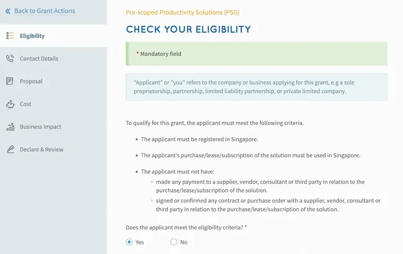 Eligibility criteria section in the psg grant application