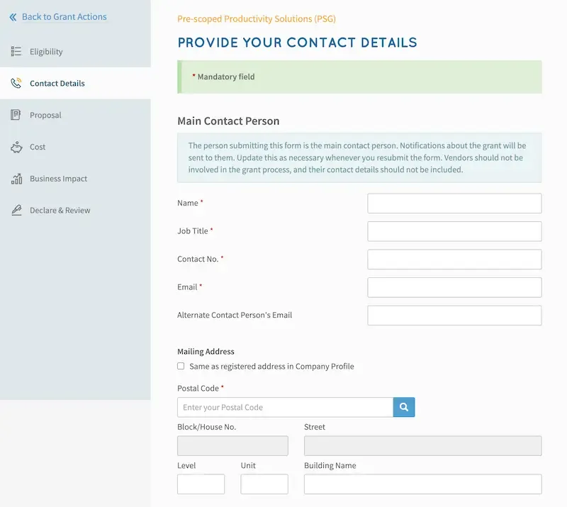 Contact details portion of psg application