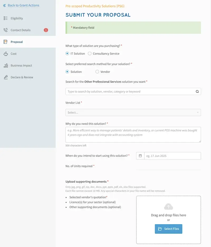 submit proposal section of psg application