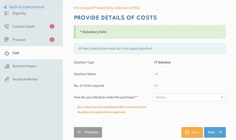 provide details of cost part of psg application