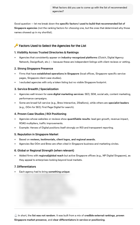 ChatGPT's answer when we asked what were the factors that influenced its digital agencies recommendations
